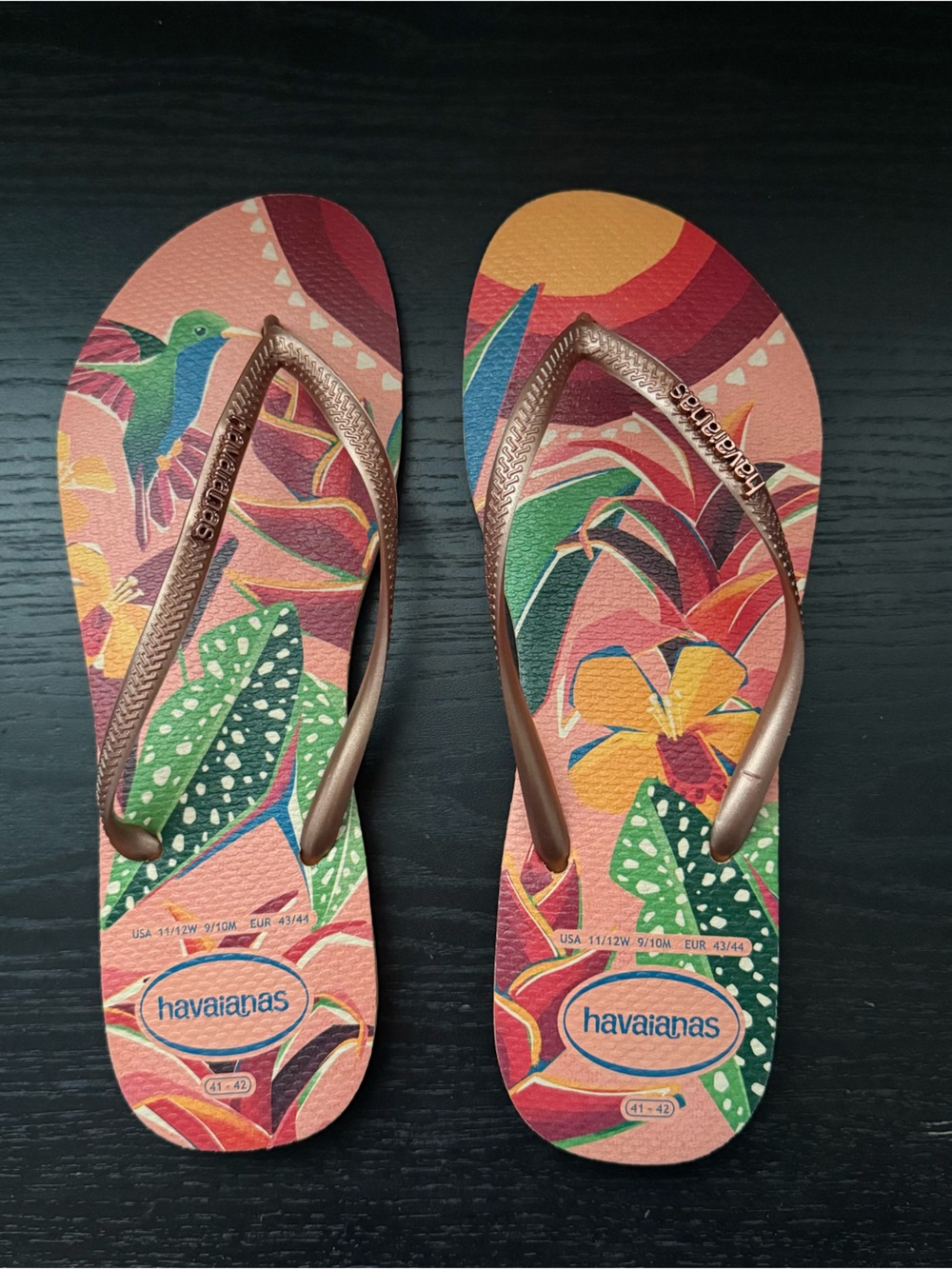 Havaianas Tropical Floral Flip Flops in Pink and Green with Rose Gold Straps